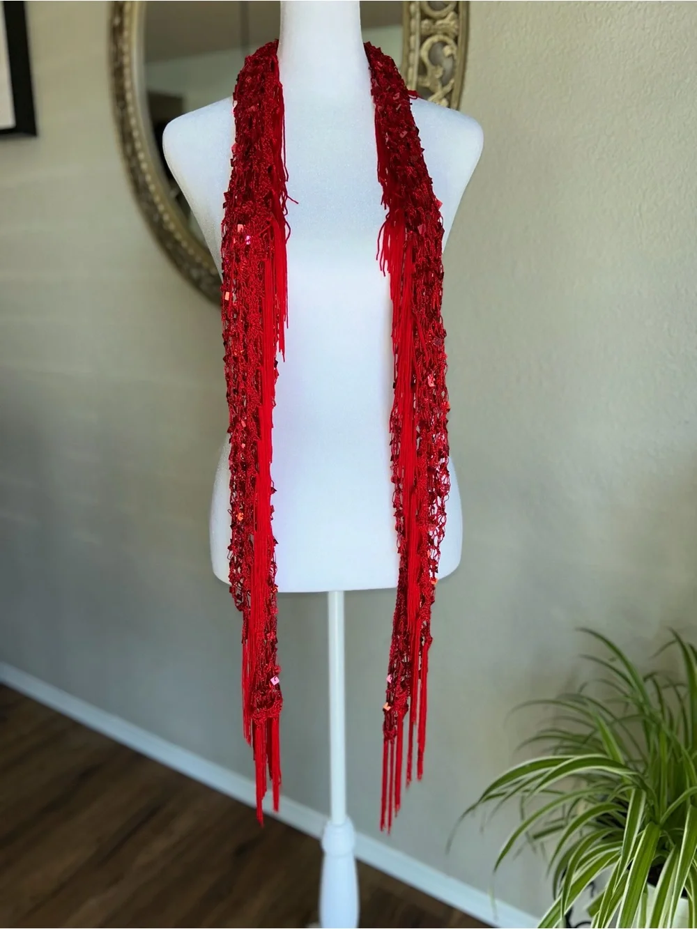 Handmade Red Crochet Fringe Shawl